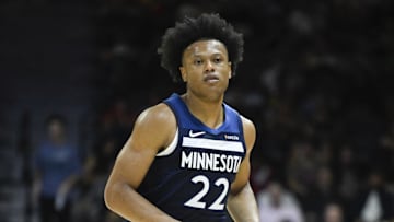 Oct 4, 2025; San Diego, California, USA; Minnesota Timberwolves guard Jaylen Clark (22) runs down court during the second half against the Denver Nuggets at Pechanga Arena. Mandatory Credit: Denis Poroy-Imagn Images