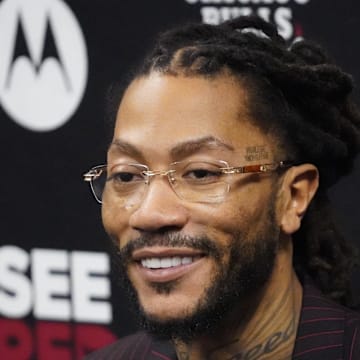 Chicago Bulls and New York Knicks former player Rose speaks during a press conference. Rose will be honored at halftime in a game between the Chicago Bulls and the New York Knicks at United Center. 
