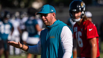 Jacksonville Jaguars head coach Liam Coen watches practice during an NFL training camp second session at the Miller Electric Center, Thursday, July 24, 2025, in Jacksonville, Fla. [Doug Engle/Florida Times-Union]