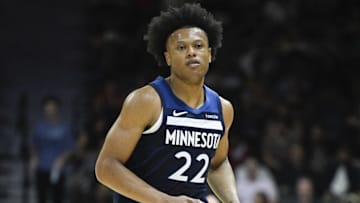 Oct 4, 2025; San Diego, California, USA; Minnesota Timberwolves guard Jaylen Clark (22) runs down court during the second half against the Denver Nuggets at Pechanga Arena. Mandatory Credit: Denis Poroy-Imagn Images