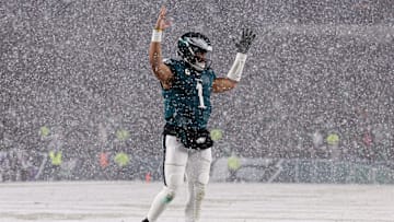 Jan 19, 2025; Philadelphia, Pennsylvania, USA; Philadelphia Eagles quarterback Jalen Hurts (1) reacts during the third quarter against the Los Angeles Rams in a 2025 NFC divisional round game at Lincoln Financial Field. Mandatory Credit: Bill Streicher-Imagn Images