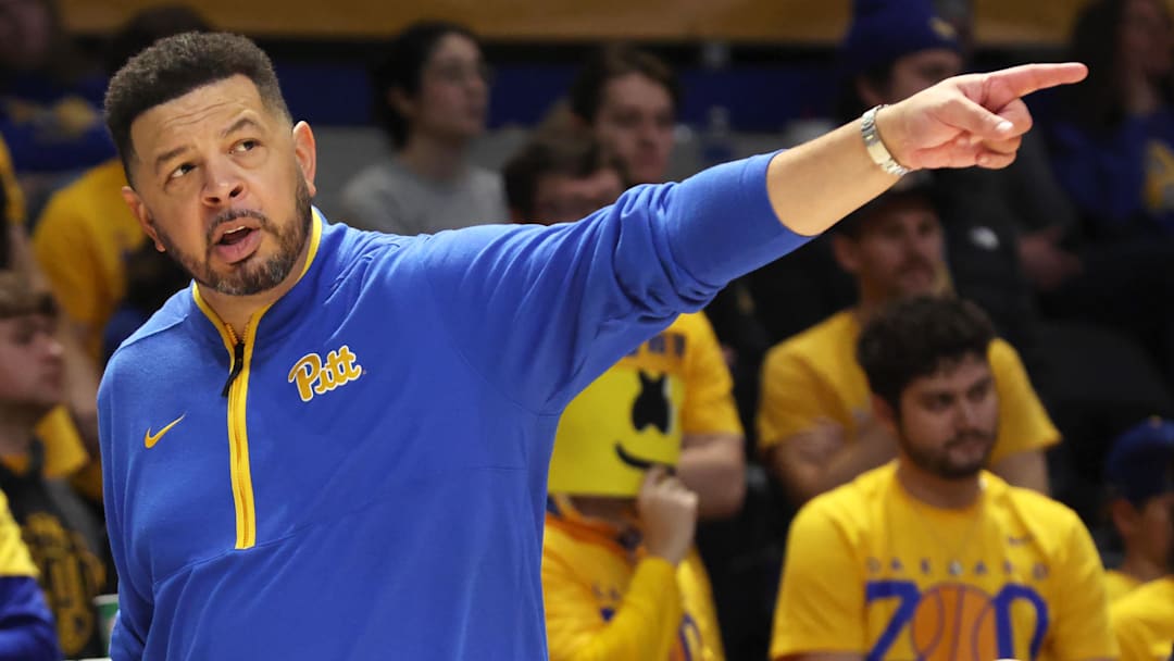 Jan 10, 2026; Pittsburgh, Pennsylvania, USA; Pittsburgh Panthers head coach Jeff Capel gestures on the sidelines against the Syracuse Orange during the second half at the Petersen Events Center. Mandatory Credit: Charles LeClaire-Imagn Images