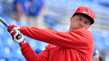 St. Louis Cardinals designated hitter JJ Wetherholt (87) prepares for batting practice  before a spring training game against the Toronto Blue Jays at TD Ballpark on Feb. 25, 2025, in Dunedin, Fla.