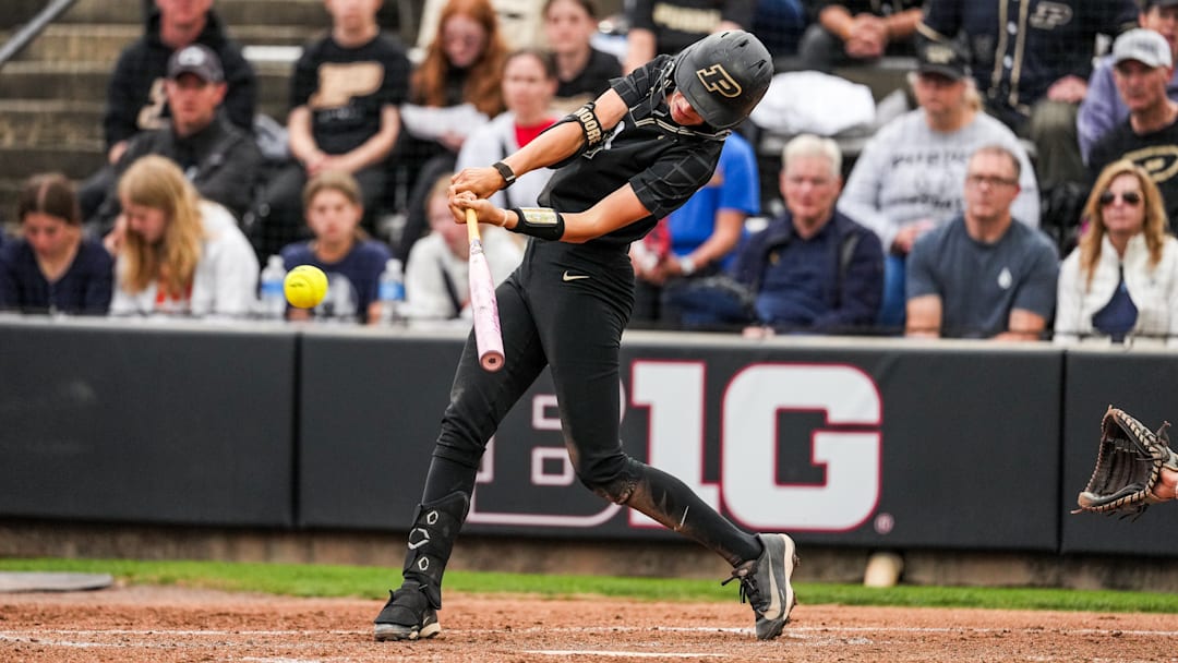 Anna Moore taking an at-bat during the Big Ten Softball Tournament.