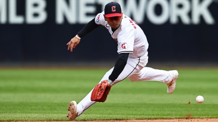 Aug 7, 2024; Cleveland, Ohio, USA; Cleveland Guardians second baseman Andres Gimenez (0) fields a ball hit by Arizona Diamondbacks first baseman Josh Bell (not pictured) during the third inning at Progressive Field. Mandatory Credit: Ken Blaze-USA TODAY Sports