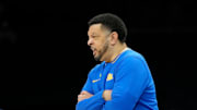 Mar 11, 2025; Charlotte, NC, USA; Pittsburgh Panthers head coach Jeff Capel reacts in the first half at Spectrum Center. Mandatory Credit: Bob Donnan-Imagn Images