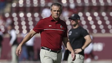 Nov 15, 2025; College Station, Texas, USA; South Carolina Gamecocks head coach Shane Beamer walks on the field before the game against the Texas A&M Aggies at Kyle Field. Mandatory Credit: Troy Taormina-Imagn Images