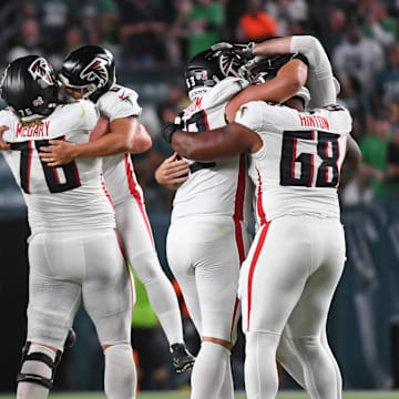 Sep 16, 2024; Philadelphia, Pennsylvania, USA; Atlanta Falcons place kicker Younghoe Koo (6) celebrates with  offensive tackle Kaleb McGary (76) after kicking the game-winning extra point late in the 4th quarter of win against the Philadelphia Eagles at Lincoln Financial Field. Mandatory Credit: Eric Hartline-Imagn Images