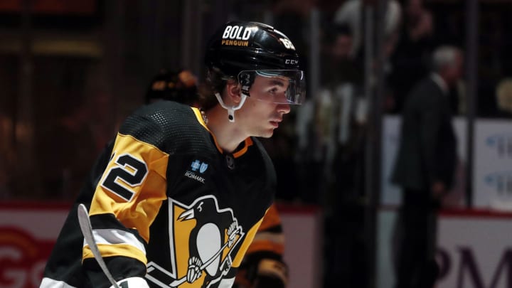 Sep 24, 2023; Pittsburgh, Pennsylvania, USA;  Pittsburgh Penguins center Brayden Yager (62) takes the ice against the Columbus Blue Jackets during the first period at PPG Paints Arena. Mandatory Credit: Charles LeClaire-USA TODAY Sports