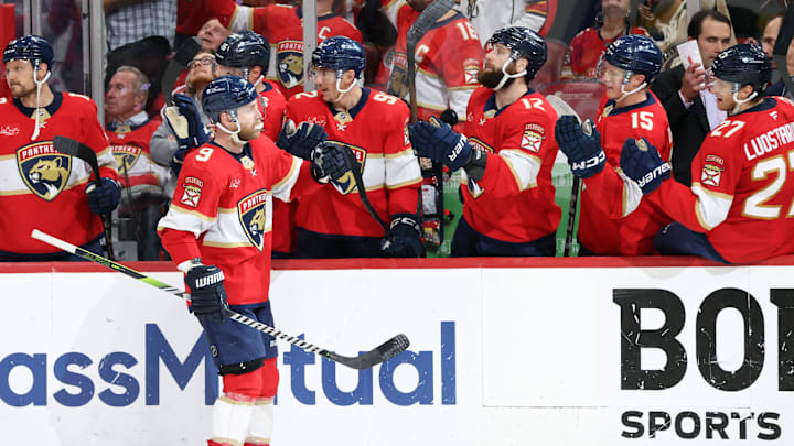 May 11, 2025; Sunrise, Florida, USA; Florida Panthers center Sam Bennett (9) is congratulated after he scored a goal against the Toronto Maple Leafs during the third period in game four of the second round of the 2025 Stanley Cup Playoffs at Amerant Bank Arena. Mandatory Credit: Kim Klement Neitzel-Imagn Images
