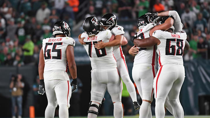 Sep 16, 2024; Philadelphia, Pennsylvania, USA; Atlanta Falcons place kicker Younghoe Koo (6) celebrates with  offensive tackle Kaleb McGary (76) after kicking the game-winning extra point late in the 4th quarter of win against the Philadelphia Eagles at Lincoln Financial Field. Mandatory Credit: Eric Hartline-Imagn Images