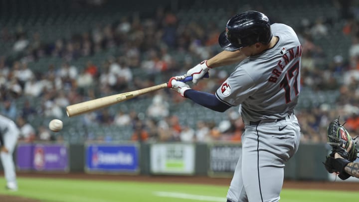 May 1, 2024; Houston, Texas, USA;  Cleveland Guardians designated hitter Will Brennan (17) bats during the game against the Houston Astros at Minute Maid Park. Mandatory Credit: Troy Taormina-USA TODAY Sports