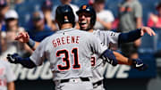 Detroit Tigers left fielder Riley Greene (31) celebrates with designated hitter Matt Vierling (8) after hitting a home run against the Cleveland Guardians at Progressive Field. 