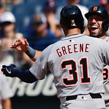 Detroit Tigers left fielder Riley Greene (31) celebrates with designated hitter Matt Vierling (8) after hitting a home run against the Cleveland Guardians at Progressive Field. 