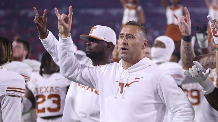 Nov 15, 2025; Athens, Georgia, USA; Texas Longhorns head coach Steve Sarkisian and team gesture after the game against the Georgia Bulldogs at Sanford Stadium. Mandatory Credit: Brett Davis-Imagn Images