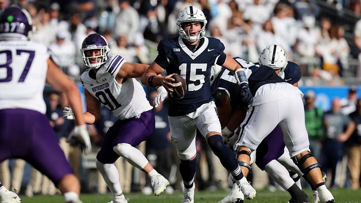 Oct 11, 2025; University Park, Pennsylvania, USA; Penn State Nittany Lions quarterback Drew Allar (15) runs with the ball during the second quarter against the Northwestern Wildcats at Beaver Stadium. Mandatory Credit: Matthew O'Haren-Imagn Images