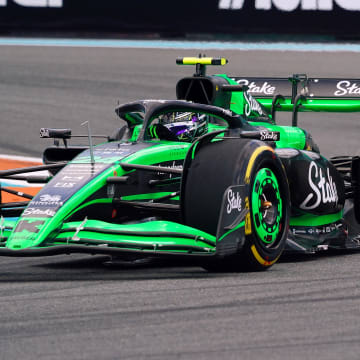 May 3, 2024; Miami Gardens, Florida, USA; Kick Sauber driver Zhou Gunayu (24) races into turn one during F1 practice at Miami International Autodrome. Mandatory Credit: John David Mercer-USA TODAY Sports