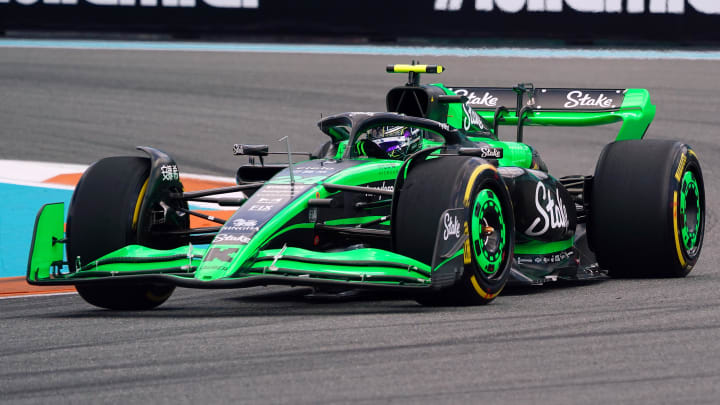 May 3, 2024; Miami Gardens, Florida, USA; Kick Sauber driver Zhou Gunayu (24) races into turn one during F1 practice at Miami International Autodrome. Mandatory Credit: John David Mercer-USA TODAY Sports