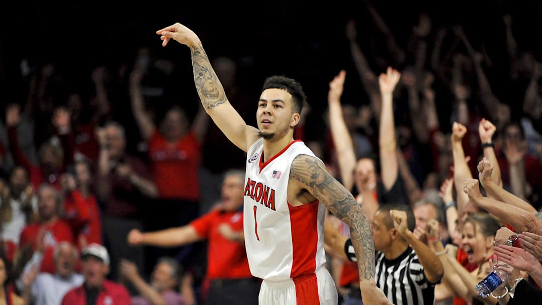 Mar 3, 2016; Tucson, AZ, USA; Arizona Wildcats guard Gabe York (1) celebrates after scoring against the California Golden Bears during the second half at McKale Center. Arizona won 64-61. Mandatory Credit: Casey Sapio-Imagn Images