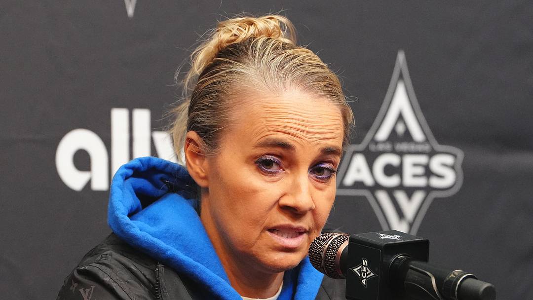 Sep 9, 2025; Las Vegas, Nevada, USA; Las Vegas Aces head coach Becky Hammon holds a presser before a game against the Chicago Sky at T-Mobile Arena. Mandatory Credit: Stephen R. Sylvanie-Imagn Images