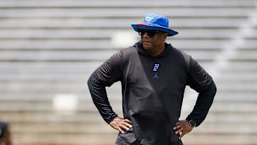 Florida Gators associate head coach for running backs Jabbar Juluke looks on during fall football practice at Ben Hill Griffin Stadium at the University of Florida in Gainesville, FL on Saturday, August 2, 2025. [Matt Pendleton/Gainesville Sun]