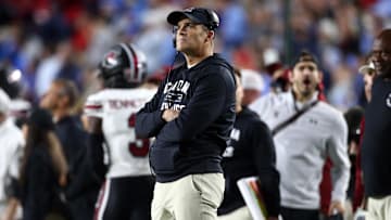 Nov 1, 2025; Oxford, Mississippi, USA; South Carolina Gamecocks head coach Shane Beamer looks on during the second quarter against the Mississippi Rebels at Vaught-Hemingway Stadium. Mandatory Credit: Petre Thomas-Imagn Images
