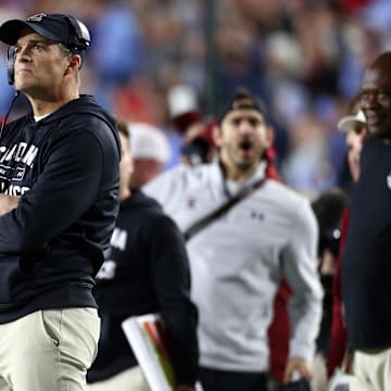 Nov 1, 2025; Oxford, Mississippi, USA; South Carolina Gamecocks head coach Shane Beamer looks on during the second quarter against the Mississippi Rebels at Vaught-Hemingway Stadium. Mandatory Credit: Petre Thomas-Imagn Images