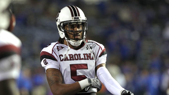 November 13, 2010; Gainesville FL, USA; South Carolina Gamecocks cornerback Stephon Gilmore (5) warmup during pregame of their game against the Florida Gators at Ben Hill Griffin Stadium. Mandatory Credit: Kim Klement-USA TODAY Sports