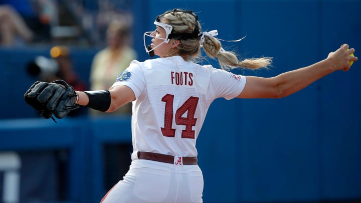 Alabama's Montana Fouts (14) throws a pitch during a softball game between Alabama and Stanford in the Women's College World Series at USA Softball Hall of Fame Stadium in  in Oklahoma City, Friday, June, 2, 2023.