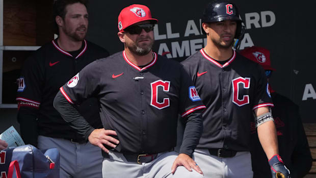Stephen Vogt looks on from the dugout 