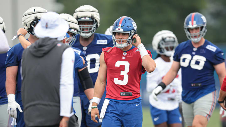 Jul 24, 2024; East Rutherford, NJ, USA; New York Giants quarterback Nathan Rourke (3) participates in drills during training camp at Quest Diagnostics Training Facility. Mandatory Credit: Vincent Carchietta-USA TODAY Sports