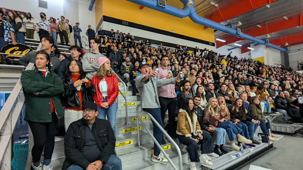 Crowd at a Cal hockey game reacts to a goal