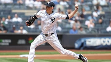 May 3, 2025; Bronx, New York, USA;  New York Yankees starting pitcher Ryan Yarbrough (33) pitches in the first inning against the Tampa Bay Rays at Yankee Stadium.