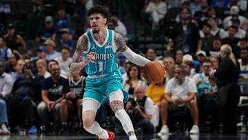 Oct 11, 2025; Dallas, Texas, USA; Charlotte Hornets guard Lamelo Ball (1) brings the ball up court against the Dallas Mavericks in the first half of a game at American Airlines Center. Mandatory Credit: Raymond Carlin III-Imagn Images