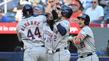 Jul 1, 2024; Toronto, Ontario, CAN;   Houston Astros designated hitter Yordan Alavarez (44) celebrates with third baseman Alex Bregman (2) and catcher Yainer Diaz (21) after hitting a two run home run against the Toronto Blue Jays in the ninth inning at Rogers Centre. Mandatory Credit: Dan Hamilton-USA TODAY Sports