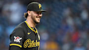 Aug 18, 2025; Pittsburgh, Pennsylvania, USA;  Pittsburgh Pirates starting pitcher Paul Skenes (30) reacts after pitching he fifth inning against the Toronto Blue Jays at PNC Park. Mandatory Credit: Charles LeClaire-Imagn Images