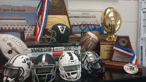 The Vandegrift Viper football trophy display.