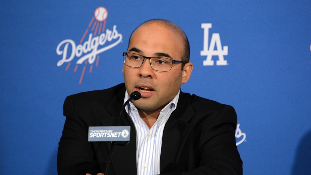 Los Angeles Dodgers general manager Farhan Zaidi at press conference to announce Dave Roberts (not pictured) as the first minority manager in Dodgers franchise history at Dodger Stadium. Mandatory Credit: Kirby Lee-Imagn Images