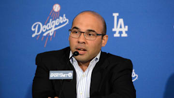 Los Angeles Dodgers general manager Farhan Zaidi at press conference to announce Dave Roberts (not pictured) as the first minority manager in Dodgers franchise history at Dodger Stadium. Mandatory Credit: Kirby Lee-Imagn Images