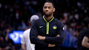 Apr 29, 2024; New Orleans, Louisiana, USA; New Orleans Pelicans head coach Willie Green looks on against the Oklahoma City Thunder during the first half of game four of the first round for the 2024 NBA playoffs at Smoothie King Center.