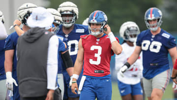 Jul 24, 2024; East Rutherford, NJ, USA; New York Giants quarterback Nathan Rourke (3) participates in drills during training camp at Quest Diagnostics Training Facility. Mandatory Credit: Vincent Carchietta-USA TODAY Sports