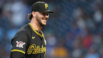 Aug 18, 2025; Pittsburgh, Pennsylvania, USA;  Pittsburgh Pirates starting pitcher Paul Skenes (30) reacts after pitching he fifth inning against the Toronto Blue Jays at PNC Park. Mandatory Credit: Charles LeClaire-Imagn Images