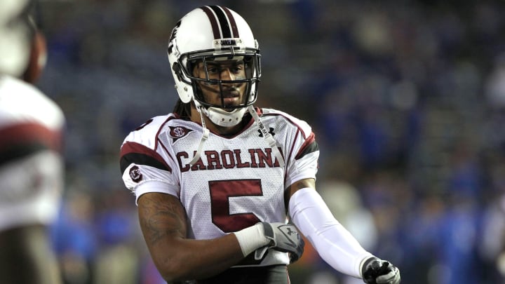 November 13, 2010; Gainesville FL, USA; South Carolina Gamecocks cornerback Stephon Gilmore (5) warmup during pregame of their game against the Florida Gators at Ben Hill Griffin Stadium. 