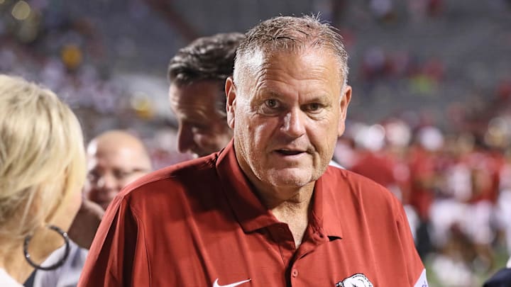 Arkansas Razorbacks coach Sam Pittman after the game against the UAPB Golden Lions at War Memorial Stadium. Arkansas won 70-0. 