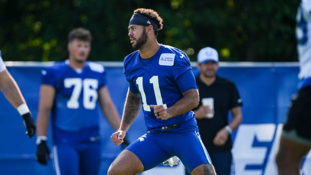 Indianapolis Colts wide receiver Michael Pittman Jr. (11) runs a drill during the Indianapolis Colts training camp practice.