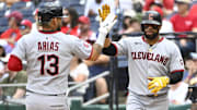 May 7, 2025; Washington, District of Columbia, USA; Cleveland Guardians second baseman Gabriel Arias (13) and first baseman Carlos Santana (41) celebrate after both scored during the sixth inning against the Washington Nationals at Nationals Park. Mandatory Credit: Brad Mills-Imagn Images