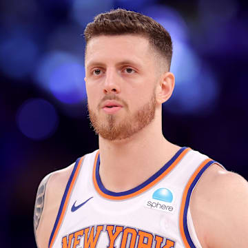 May 19, 2024; New York, New York, USA; New York Knicks center Isaiah Hartenstein (55) reacts during the third quarter of game seven of the second round of the 2024 NBA playoffs against the Indiana Pacers at Madison Square Garden. Mandatory Credit: Brad Penner-Imagn Images