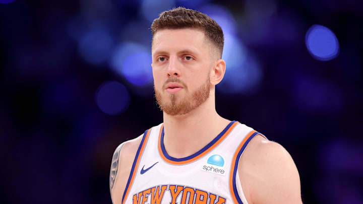 May 19, 2024; New York, New York, USA; New York Knicks center Isaiah Hartenstein (55) reacts during the third quarter of game seven of the second round of the 2024 NBA playoffs against the Indiana Pacers at Madison Square Garden. Mandatory Credit: Brad Penner-Imagn Images