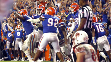 Sep 3, 2022; Gainesville, Florida, USA;Florida Gators linebacker Amari Burney (2) celebrate as he intercepted the ball against the Utah Utes  during the second half at Steve Spurrier-Florida Field. Mandatory Credit: Kim Klement-USA TODAY Sports