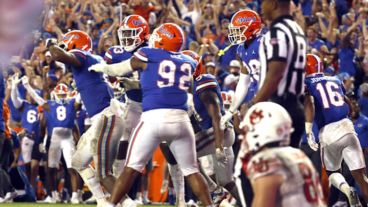 Sep 3, 2022; Gainesville, Florida, USA;Florida Gators linebacker Amari Burney (2) celebrate as he intercepted the ball against the Utah Utes  during the second half at Steve Spurrier-Florida Field. Mandatory Credit: Kim Klement-USA TODAY Sports